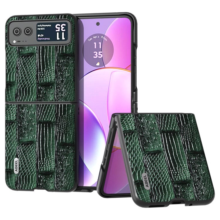ABEEL For Motorola Razr 40 5G Mahjong Texture Cover Genuine Cow Leather+PC Anti-Shock Phone Case - Green
