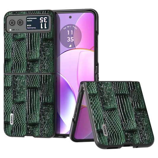 ABEEL For Motorola Razr 40 5G Mahjong Texture Cover Genuine Cow Leather+PC Anti-Shock Phone Case - Green