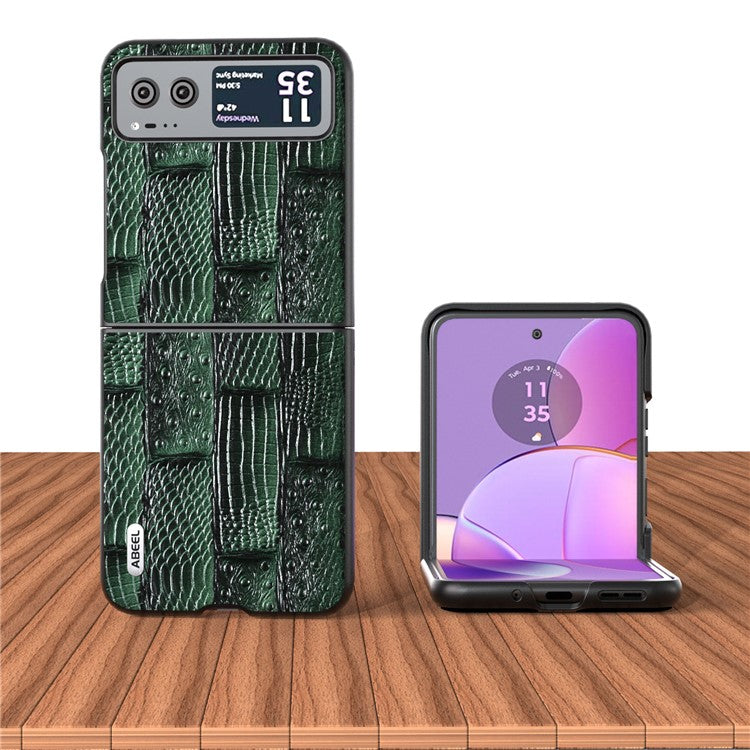 ABEEL For Motorola Razr 40 5G Mahjong Texture Cover Genuine Cow Leather+PC Anti-Shock Phone Case - Green