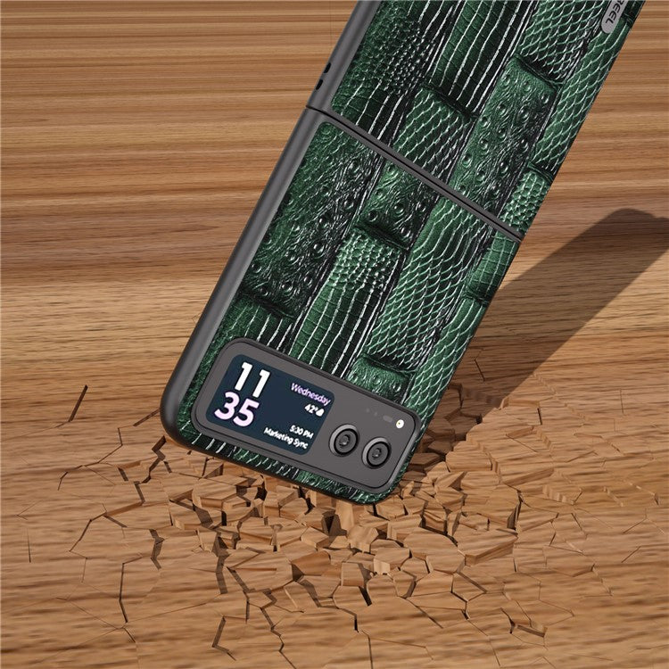 ABEEL For Motorola Razr 40 5G Mahjong Texture Cover Genuine Cow Leather+PC Anti-Shock Phone Case - Green