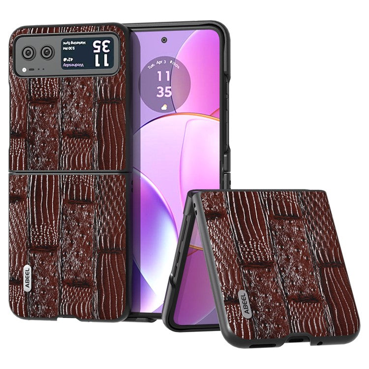 ABEEL For Motorola Razr 40 5G Mahjong Texture Cover Genuine Cow Leather+PC Anti-Shock Phone Case - Brown