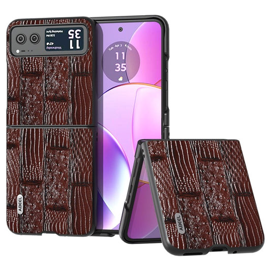 ABEEL For Motorola Razr 40 5G Mahjong Texture Cover Genuine Cow Leather+PC Anti-Shock Phone Case - Brown