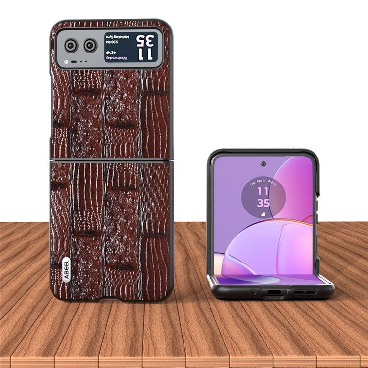 ABEEL For Motorola Razr 40 5G Mahjong Texture Cover Genuine Cow Leather+PC Anti-Shock Phone Case - Brown