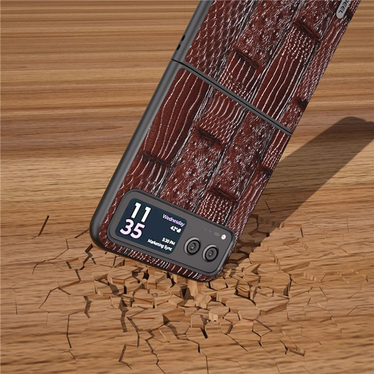 ABEEL For Motorola Razr 40 5G Mahjong Texture Cover Genuine Cow Leather+PC Anti-Shock Phone Case - Brown