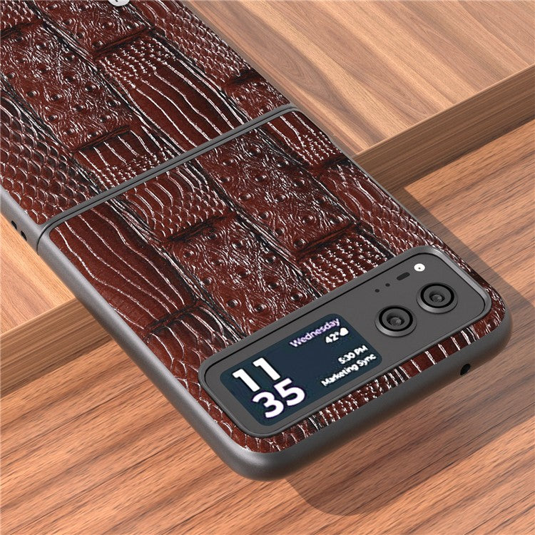 ABEEL For Motorola Razr 40 5G Mahjong Texture Cover Genuine Cow Leather+PC Anti-Shock Phone Case - Brown