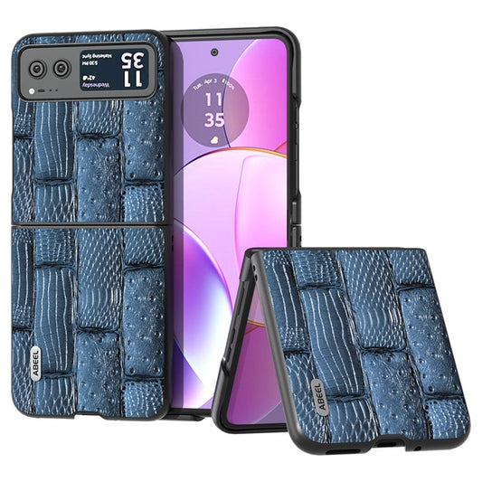 ABEEL For Motorola Razr 40 5G Mahjong Texture Cover Genuine Cow Leather+PC Anti-Shock Phone Case - Blue