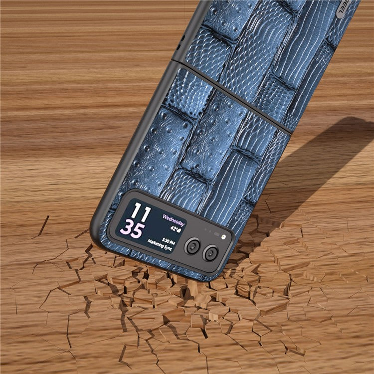ABEEL For Motorola Razr 40 5G Mahjong Texture Cover Genuine Cow Leather+PC Anti-Shock Phone Case - Blue