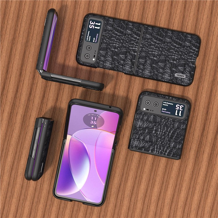 ABEEL For Motorola Razr 40 5G Canopy Texture Phone Case Genuine Cow Leather+PC Protective Cover - Black