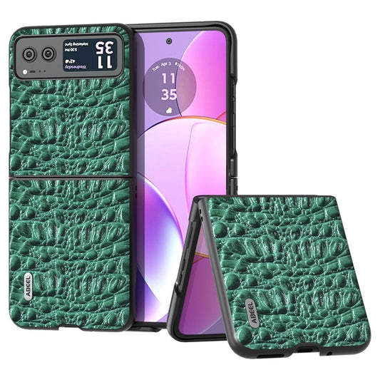 ABEEL For Motorola Razr 40 5G Canopy Texture Phone Case Genuine Cow Leather+PC Protective Cover - Green