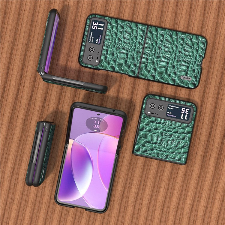 ABEEL For Motorola Razr 40 5G Canopy Texture Phone Case Genuine Cow Leather+PC Protective Cover - Green