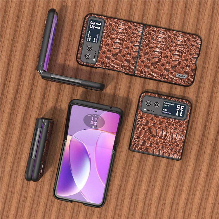 ABEEL For Motorola Razr 40 5G Canopy Texture Phone Case Genuine Cow Leather+PC Protective Cover - Brown