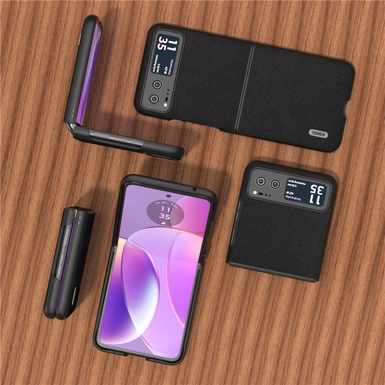 ABEEL For Motorola Razr 40 5G Slim Litchi Texture Phone Case Genuine Cow Leather + PC Protective Cover - Black