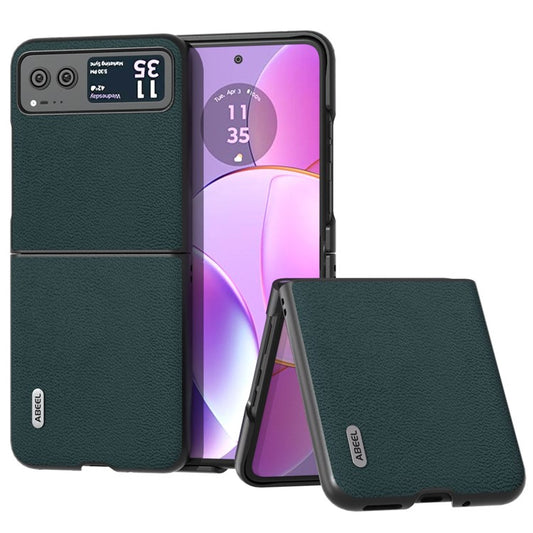 ABEEL For Motorola Razr 40 5G Slim Litchi Texture Phone Case Genuine Cow Leather + PC Protective Cover - Midnight Green