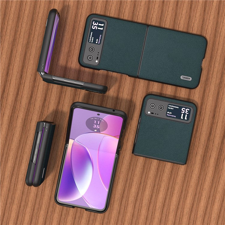 ABEEL For Motorola Razr 40 5G Slim Litchi Texture Phone Case Genuine Cow Leather + PC Protective Cover - Midnight Green