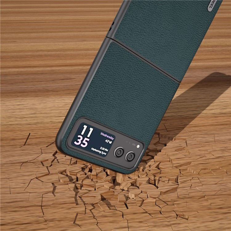 ABEEL For Motorola Razr 40 5G Slim Litchi Texture Phone Case Genuine Cow Leather + PC Protective Cover - Midnight Green