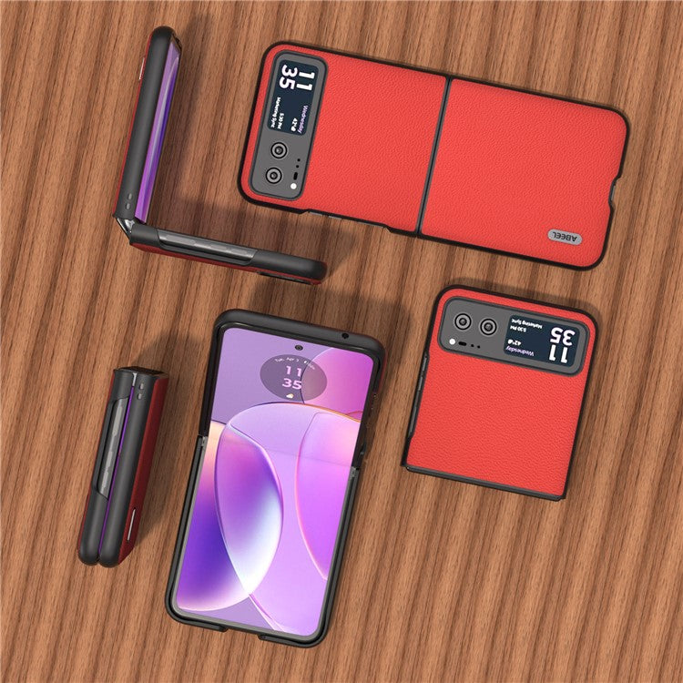 ABEEL For Motorola Razr 40 5G Slim Litchi Texture Phone Case Genuine Cow Leather + PC Protective Cover - Red