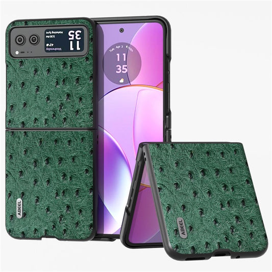 ABEEL For Motorola Razr 40 5G Protective Slim Case Genuine Cow Leather Coated PC Ostrich Texture Phone Cover - Green