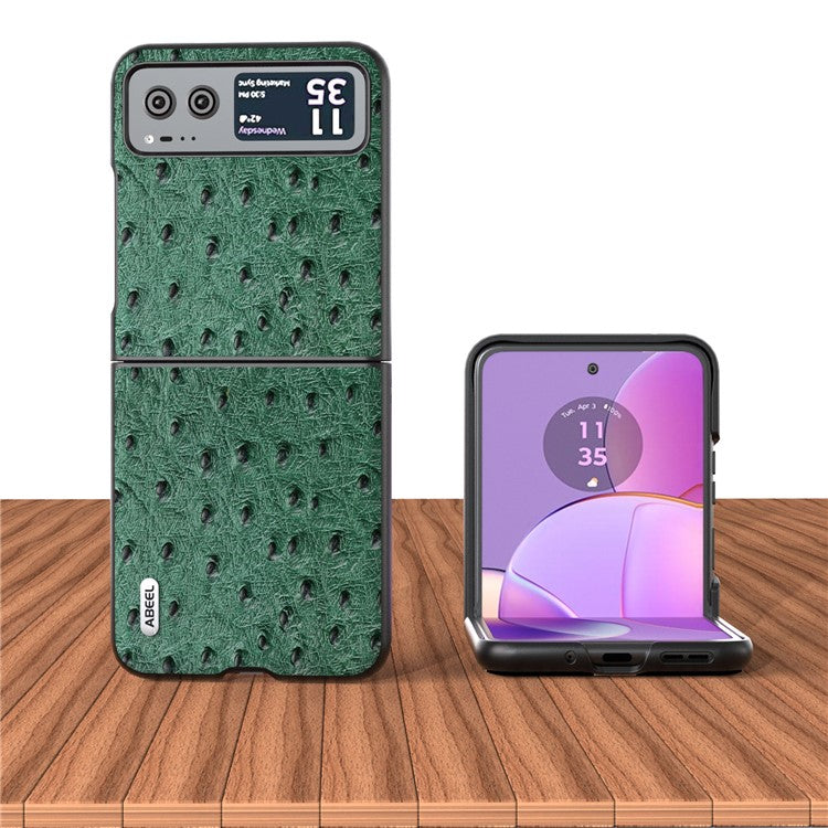 ABEEL For Motorola Razr 40 5G Protective Slim Case Genuine Cow Leather Coated PC Ostrich Texture Phone Cover - Green