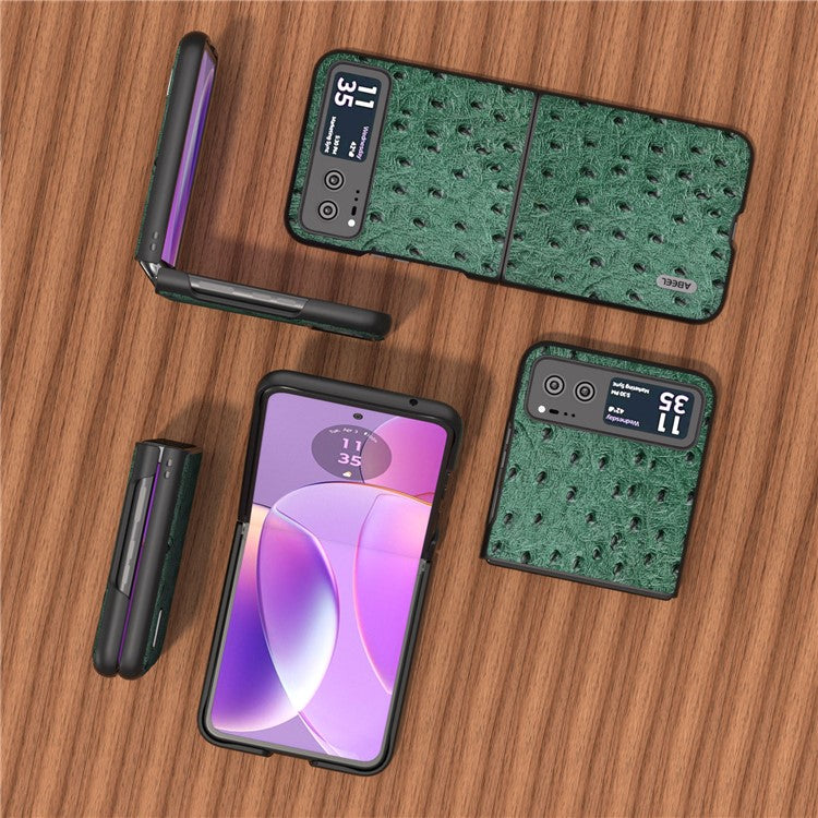 ABEEL For Motorola Razr 40 5G Protective Slim Case Genuine Cow Leather Coated PC Ostrich Texture Phone Cover - Green