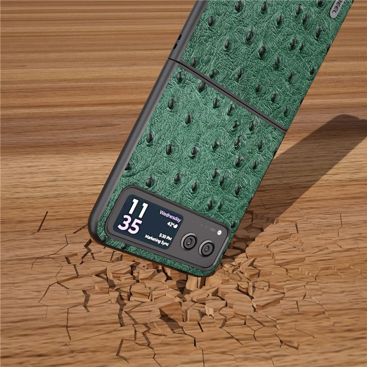ABEEL For Motorola Razr 40 5G Protective Slim Case Genuine Cow Leather Coated PC Ostrich Texture Phone Cover - Green