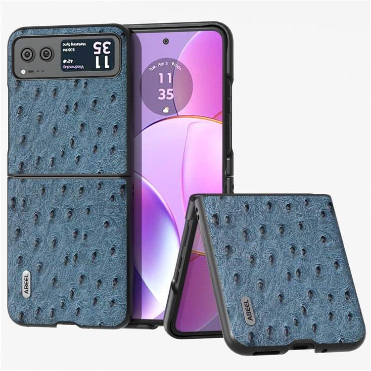 ABEEL For Motorola Razr 40 5G Protective Slim Case Genuine Cow Leather Coated PC Ostrich Texture Phone Cover - Blue