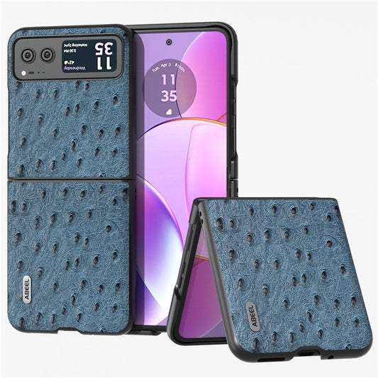 ABEEL For Motorola Razr 40 5G Protective Slim Case Genuine Cow Leather Coated PC Ostrich Texture Phone Cover - Blue