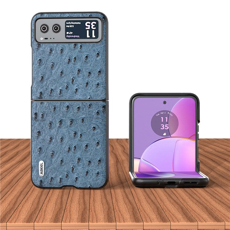 ABEEL For Motorola Razr 40 5G Protective Slim Case Genuine Cow Leather Coated PC Ostrich Texture Phone Cover - Blue