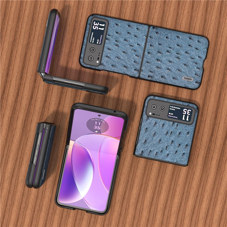 ABEEL For Motorola Razr 40 5G Protective Slim Case Genuine Cow Leather Coated PC Ostrich Texture Phone Cover - Blue