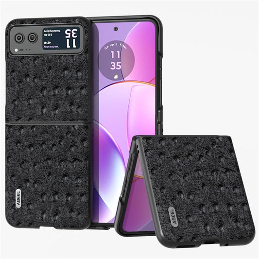 ABEEL For Motorola Razr 40 5G Protective Slim Case Genuine Cow Leather Coated PC Ostrich Texture Phone Cover - Black
