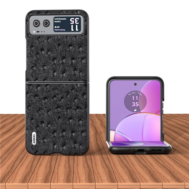 ABEEL For Motorola Razr 40 5G Protective Slim Case Genuine Cow Leather Coated PC Ostrich Texture Phone Cover - Black