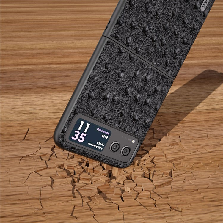ABEEL For Motorola Razr 40 5G Protective Slim Case Genuine Cow Leather Coated PC Ostrich Texture Phone Cover - Black