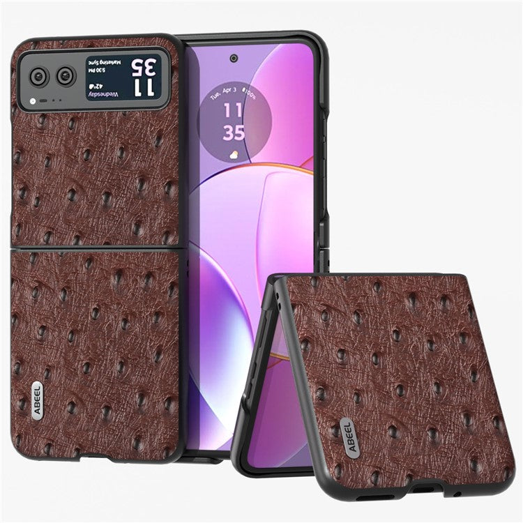 ABEEL For Motorola Razr 40 5G Protective Slim Case Genuine Cow Leather Coated PC Ostrich Texture Phone Cover - Coffee