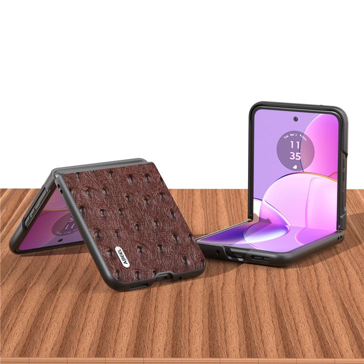 ABEEL For Motorola Razr 40 5G Protective Slim Case Genuine Cow Leather Coated PC Ostrich Texture Phone Cover - Coffee