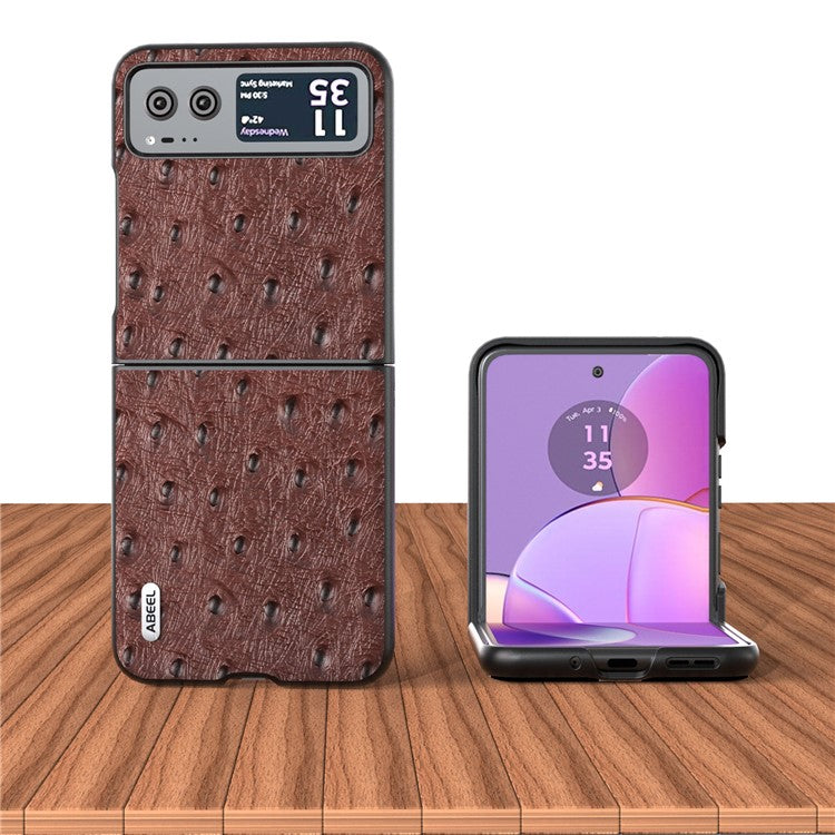 ABEEL For Motorola Razr 40 5G Protective Slim Case Genuine Cow Leather Coated PC Ostrich Texture Phone Cover - Coffee
