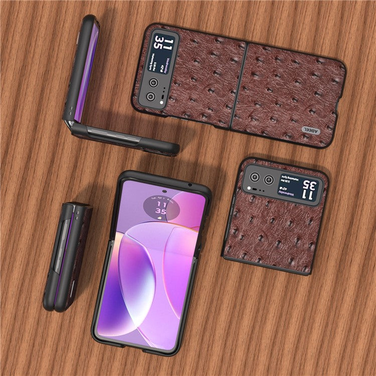 ABEEL For Motorola Razr 40 5G Protective Slim Case Genuine Cow Leather Coated PC Ostrich Texture Phone Cover - Coffee