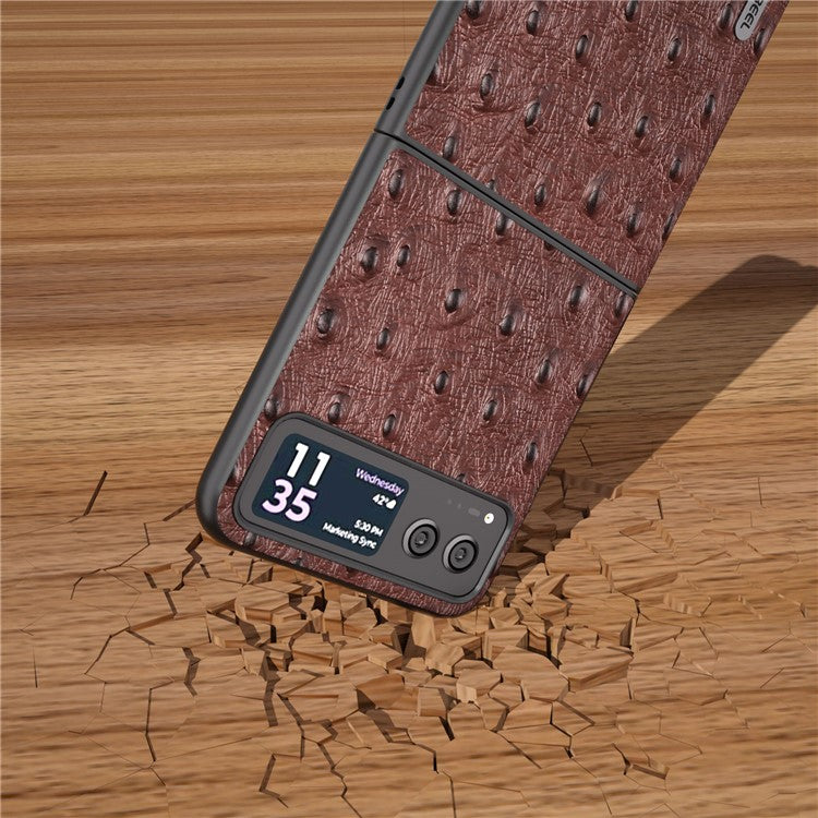 ABEEL For Motorola Razr 40 5G Protective Slim Case Genuine Cow Leather Coated PC Ostrich Texture Phone Cover - Coffee