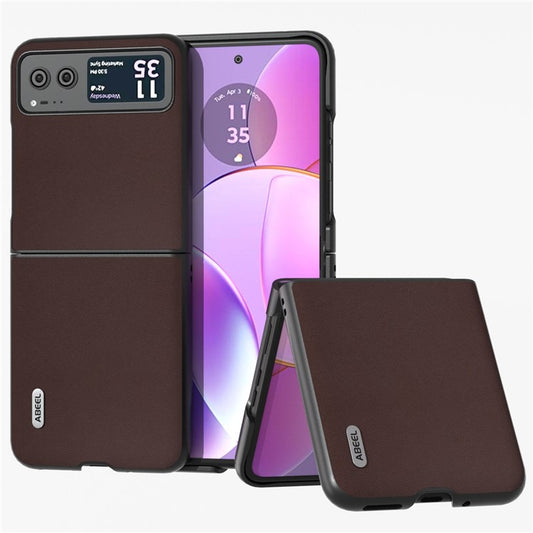 ABEEL For Motorola Razr 40 5G Nappa Texture Phone Case Genuine Cow Leather + Hard PC  Protective Cover - Coffee