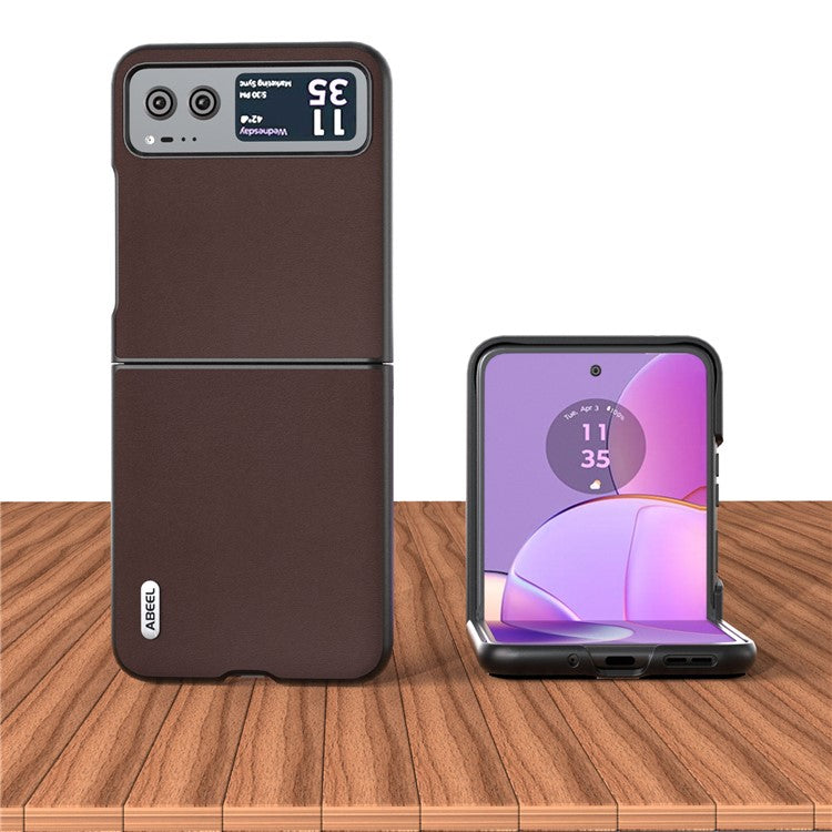 ABEEL For Motorola Razr 40 5G Nappa Texture Phone Case Genuine Cow Leather + Hard PC  Protective Cover - Coffee