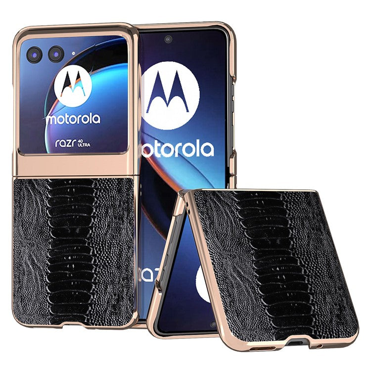 For Motorola Razr 40 Ultra 5G Crocodile Texture Thin Cover Genuine Cow Leather + PC Electroplating Phone Case - Black
