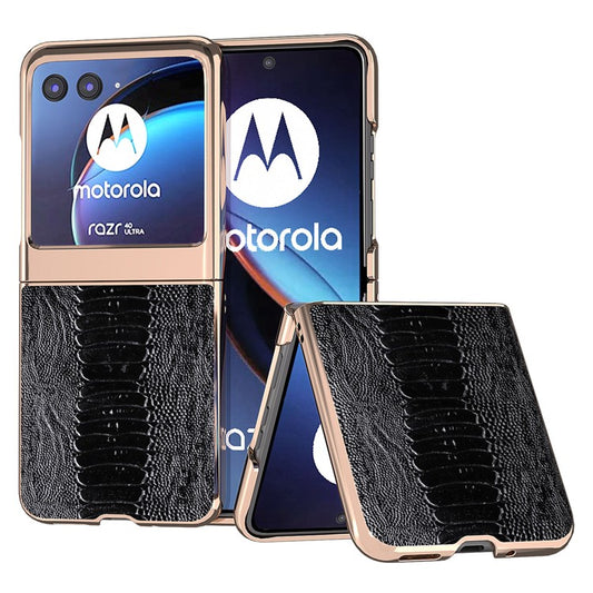 For Motorola Razr 40 Ultra 5G Crocodile Texture Thin Cover Genuine Cow Leather + PC Electroplating Phone Case - Black