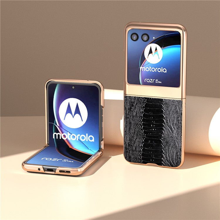 For Motorola Razr 40 Ultra 5G Crocodile Texture Thin Cover Genuine Cow Leather + PC Electroplating Phone Case - Black