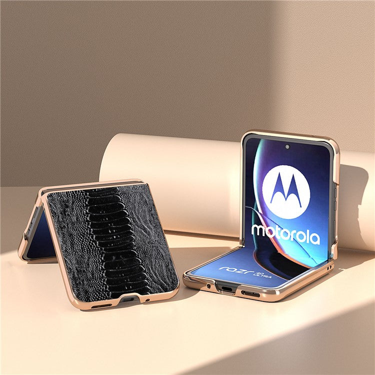 For Motorola Razr 40 Ultra 5G Crocodile Texture Thin Cover Genuine Cow Leather + PC Electroplating Phone Case - Black