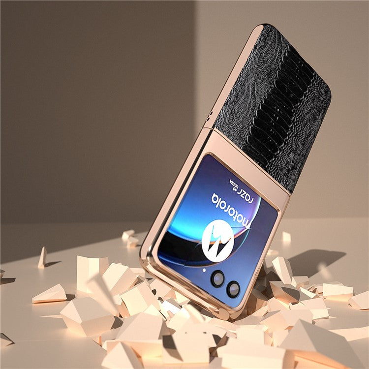 For Motorola Razr 40 Ultra 5G Crocodile Texture Thin Cover Genuine Cow Leather + PC Electroplating Phone Case - Black