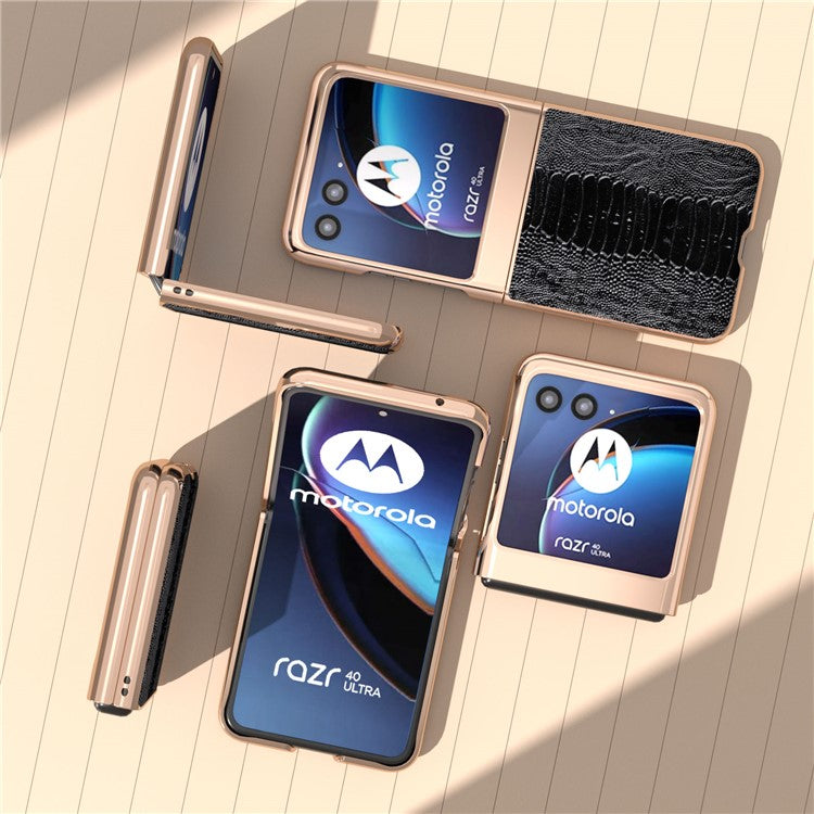 For Motorola Razr 40 Ultra 5G Crocodile Texture Thin Cover Genuine Cow Leather + PC Electroplating Phone Case - Black
