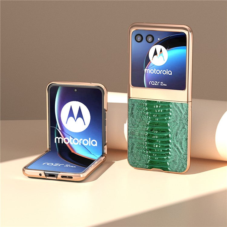 For Motorola Razr 40 Ultra 5G Crocodile Texture Thin Cover Genuine Cow Leather + PC Electroplating Phone Case - Green
