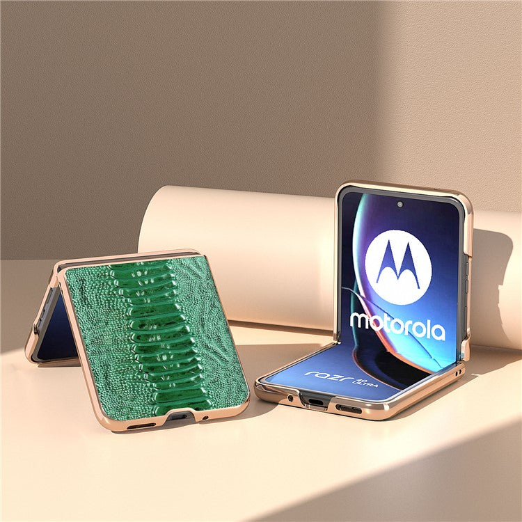 For Motorola Razr 40 Ultra 5G Crocodile Texture Thin Cover Genuine Cow Leather + PC Electroplating Phone Case - Green