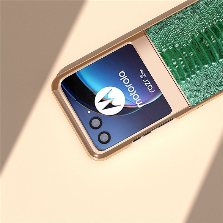 For Motorola Razr 40 Ultra 5G Crocodile Texture Thin Cover Genuine Cow Leather + PC Electroplating Phone Case - Green