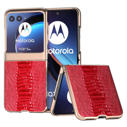 For Motorola Razr 40 Ultra 5G Crocodile Texture Thin Cover Genuine Cow Leather + PC Electroplating Phone Case - Red