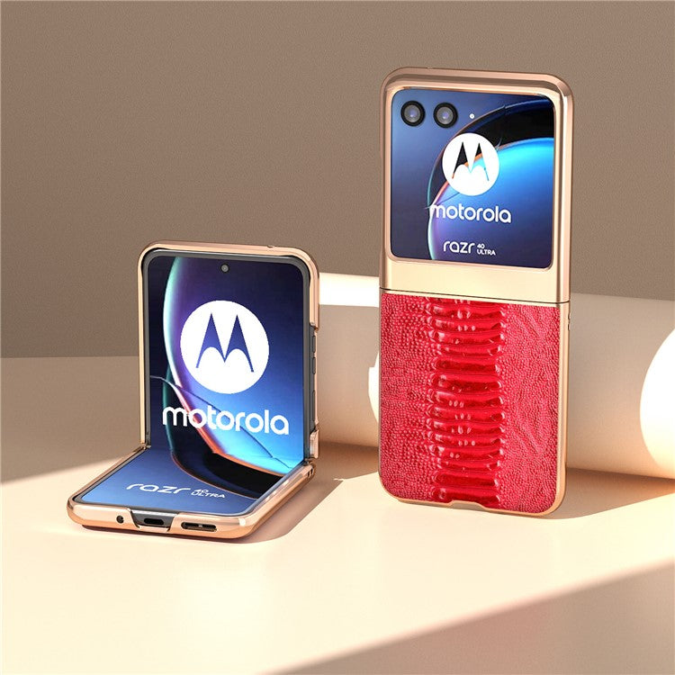 For Motorola Razr 40 Ultra 5G Crocodile Texture Thin Cover Genuine Cow Leather + PC Electroplating Phone Case - Red