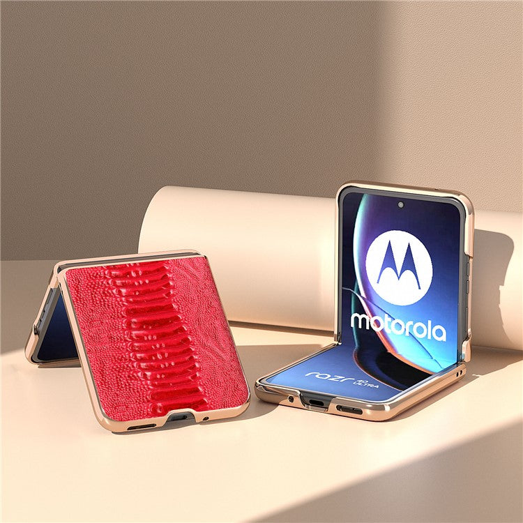 For Motorola Razr 40 Ultra 5G Crocodile Texture Thin Cover Genuine Cow Leather + PC Electroplating Phone Case - Red